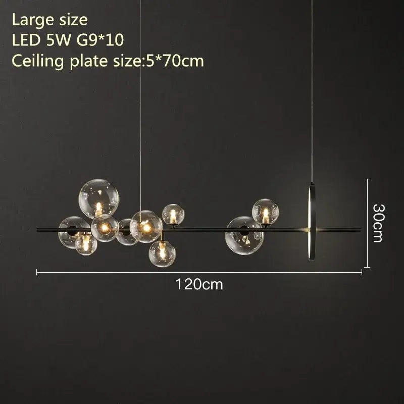 Modern black metal decorbites glass bubble chandelier with ten clear globe bulbs and rectangular ceiling plate for dining room light