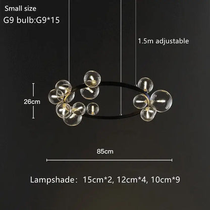 Modern black glass bubble chandelier with clear globe lamps and gold accents for dining room decorbites glass bubble light