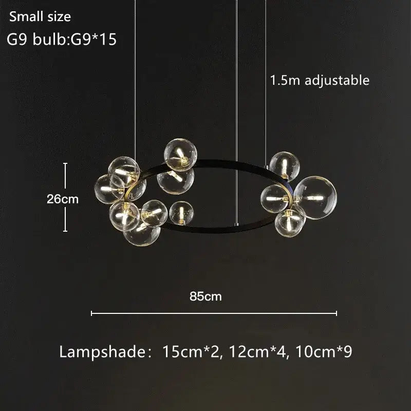 Modern black glass bubble chandelier with clear globe lamps and gold accents for dining room decorbites glass bubble light