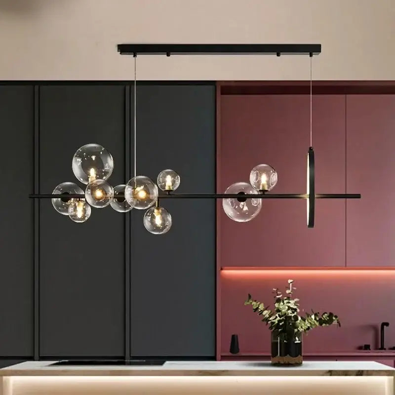 Modern black glass bubble led ceiling chandelier with clear glass globe bulbs and sleek horizontal bar decorbites glass bubble design