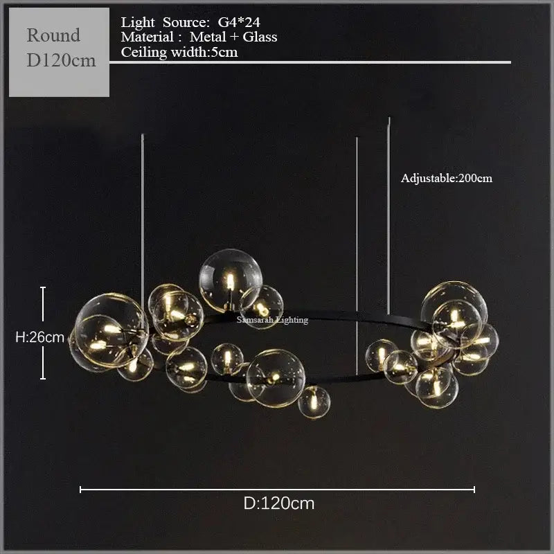Modern black glass bubble led ceiling chandelier with clear glass spheres metallic frame and g4 24 light sources for dining room