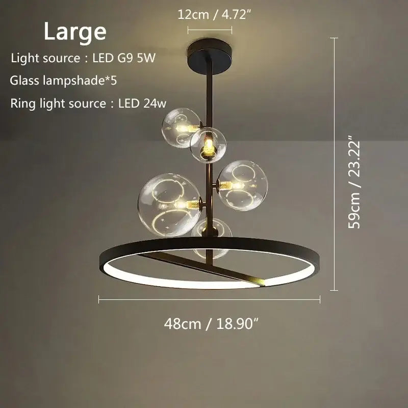 Modern black glass bubble led ceiling chandelier with five clear glass globe shades and circular led ring light for dining room decorbites glass bubble