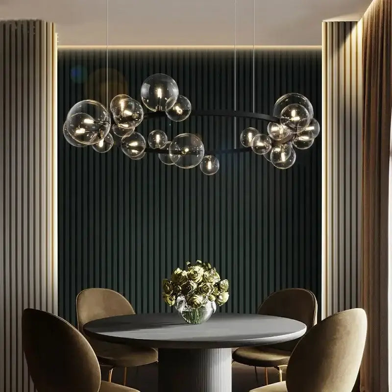 Modern black glass bubble led ceiling chandelier with sleek frame and warm glowing bulbs for dining room decorbites glass bubble