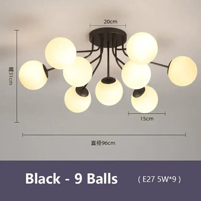 Modern black glass bubble led ceiling light with nine glowing spherical bulbs for living room decorbites ceiling light