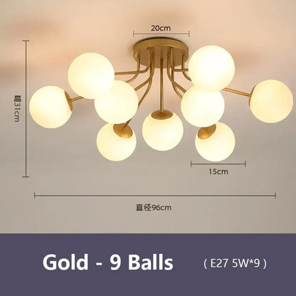 Modern black glass bubble led ceiling light with gold-toned frame and nine frosted glass spheres for living room decorbites ceiling light