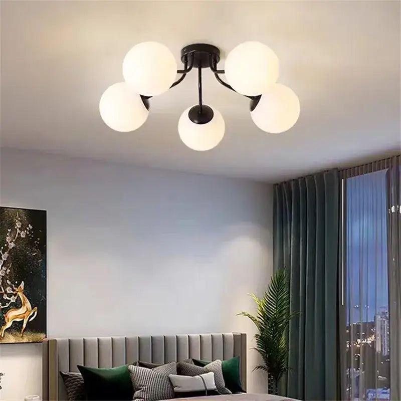 Modern black metal ceiling light with five frosted white glass globes decorbites glass bubble led for living room decor