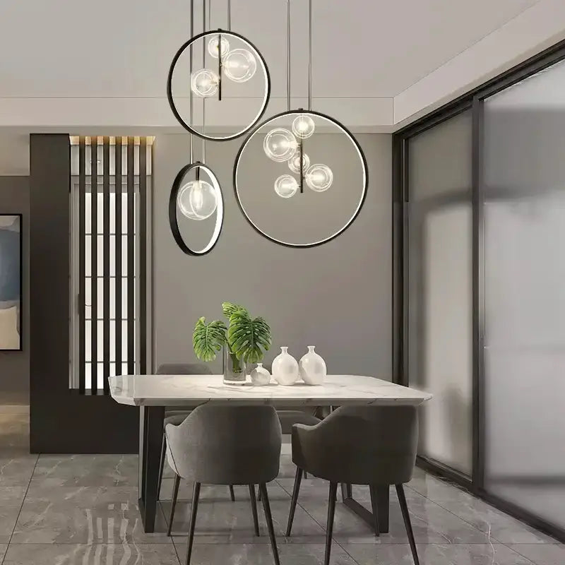 Modern black glass bubble led chandelier with circular pendant lights and clear glass orbs for dining room decorbites glass bubble