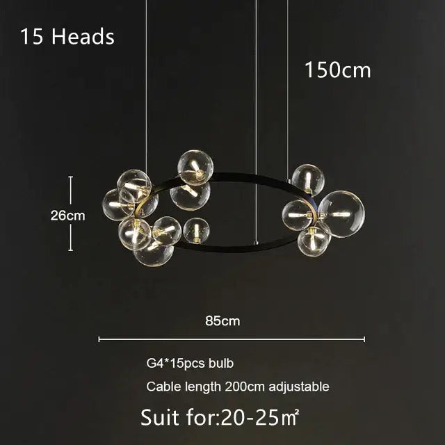 Modern black metal chandelier with 15 clear glass globes in a decorbites glass bubble led pendant for living room decor