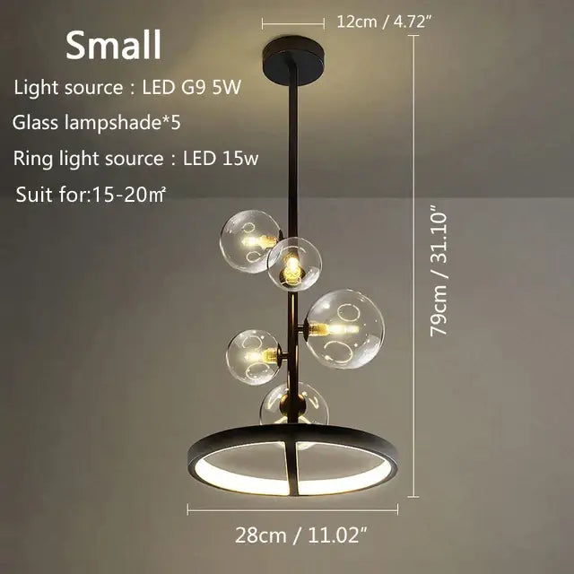 Modern black metal chandelier with five clear glass bubble led lampshades and circular ring base for living room decorbites glass bubble