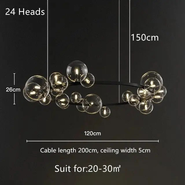 Modern black glass bubble led pendant chandelier with 24 illuminated spherical heads for living room decorbites glass bubble