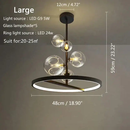 Modern black glass bubble led pendant chandelier with five clear globe shades and circular led ring light for living room decorbites glass bubble