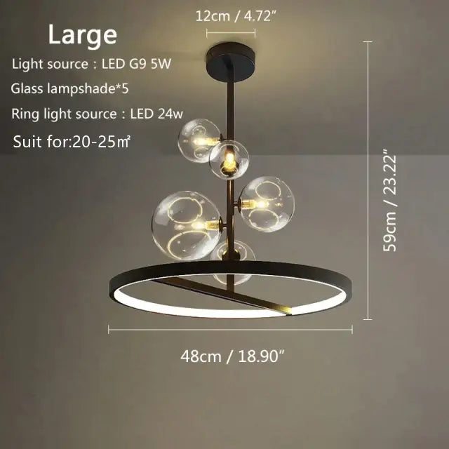 Modern black glass bubble led pendant chandelier with five clear globe shades and circular led ring light for living room decorbites glass bubble