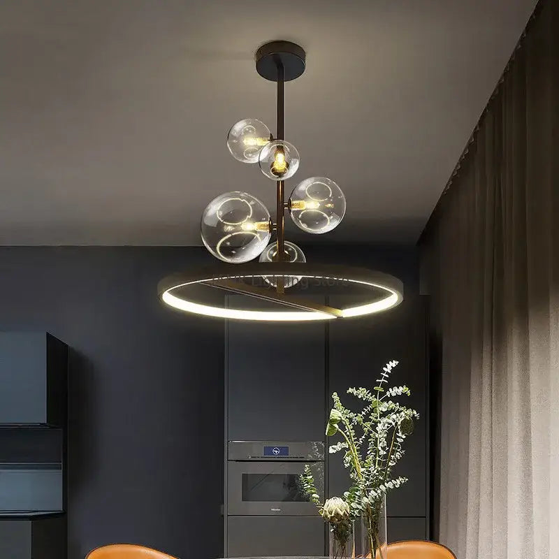 Modern black glass bubble led pendant chandelier with brass finish and circular led ring for living room decorbites glass bubble