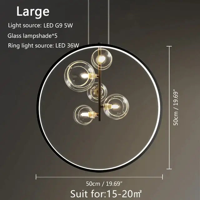 Modern black glass bubble led pendant chandelier with five clear glass lampshades and glowing led ring for living room decorbites glass bubble