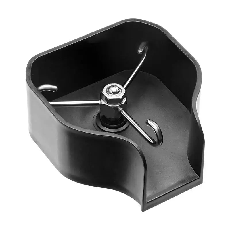 Black plastic hook holder with metallic bolt and three curved metal hooks for decorbites glass cup washer rinser