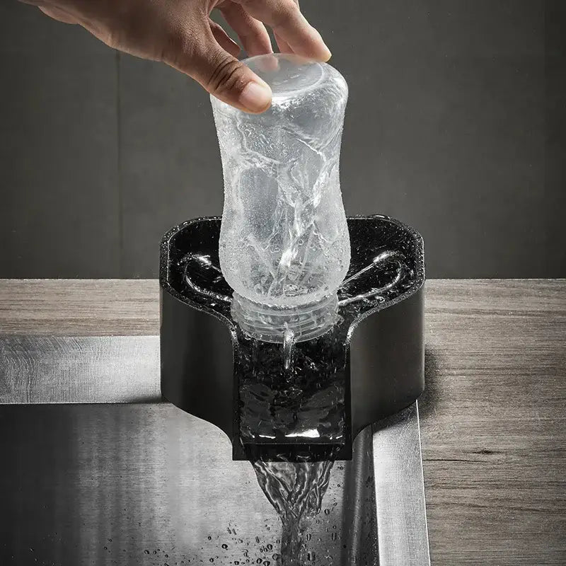 Black plastic pet water fountain with clear glass bottle being filled for decorbites glass cup washer kitchen sink rinser