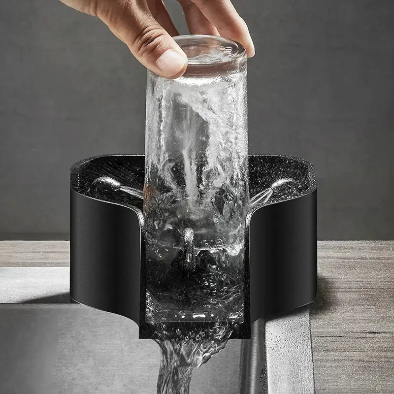 Modern black glass cup washer with sleek curved sides designed as a decorbites glass cup rinser for kitchen sink