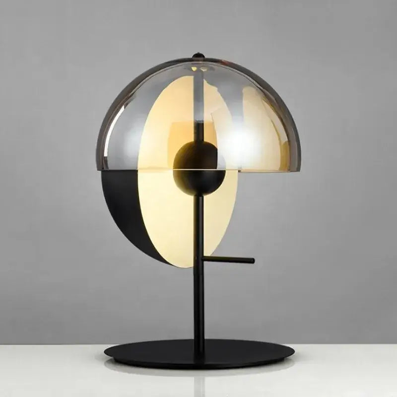 Modern black metal bedside lamp with translucent split dome glass shade decorbites glass designer bedroom light