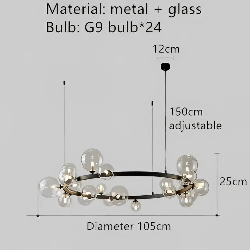 Modern black metal circular pendant light fixture with 24 clear glass globe bulbs for dining room illumination