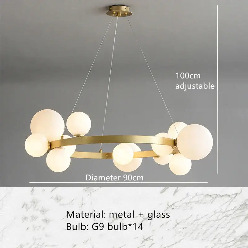 Modern gold-toned pendant light fixture with circular metal frame and 14 frosted glass globe bulbs for dining room