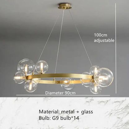 Modern gold-toned pendant light fixture with circular metal frame and 14 clear glass globes for dining room use