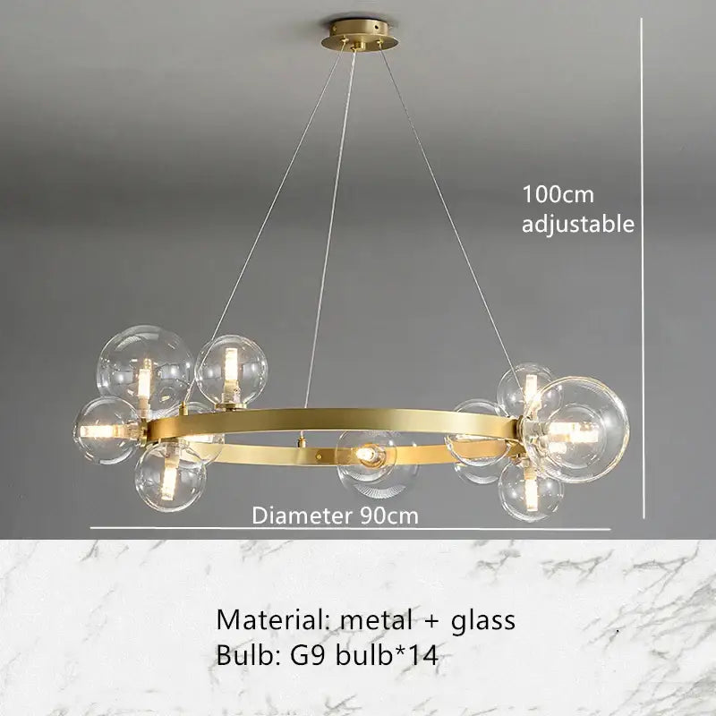 Modern gold-toned pendant light fixture with circular metal frame and 14 clear glass globes for dining room use