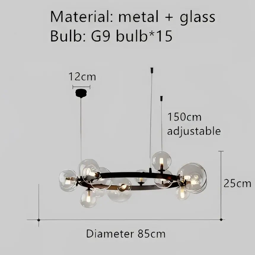Modern black metal pendant light fixture with 15 clear glass globe bulbs for dining room lighting