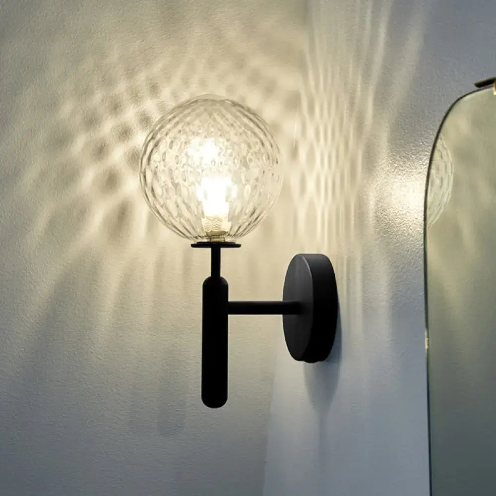Modern black metal wall lamp with textured clear glass globe light fixture suitable for 220v-240v and 110v-120v use