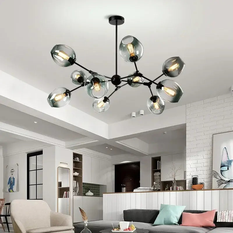 Modern black metal led chandelier pendant light with frosted glass globe shades for dining room illumination