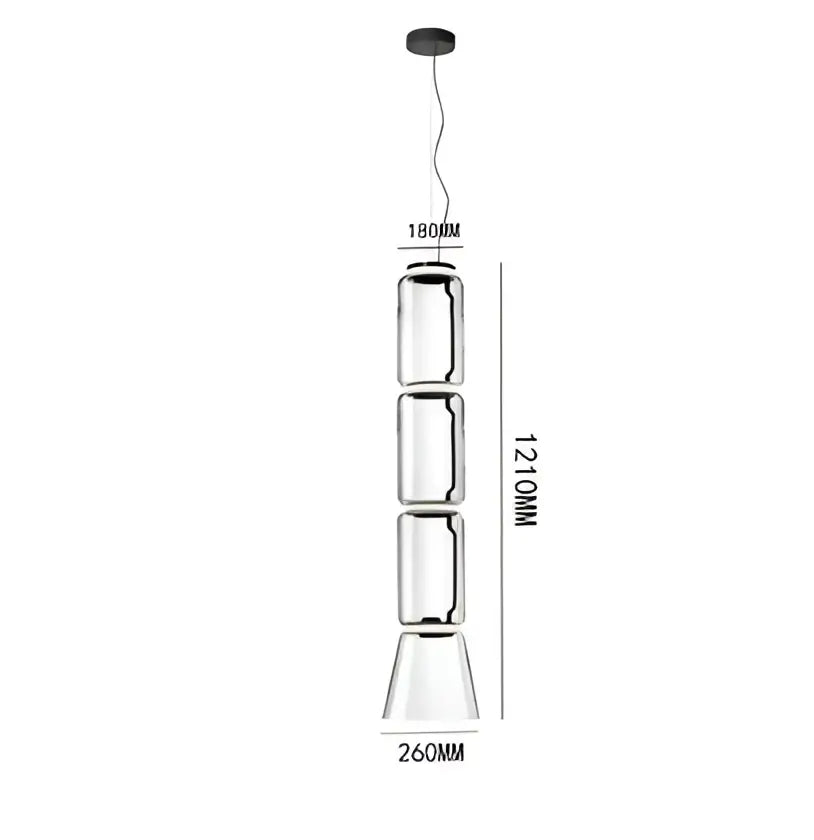 Modern black glass led pendant light featuring a clear glass led pendant with three stacked cylindrical segments for dining room