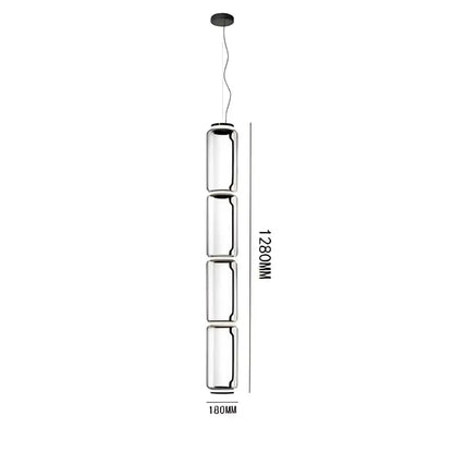 Modern black glass led pendant light with four cylindrical segments and black ceiling mount for dining room use