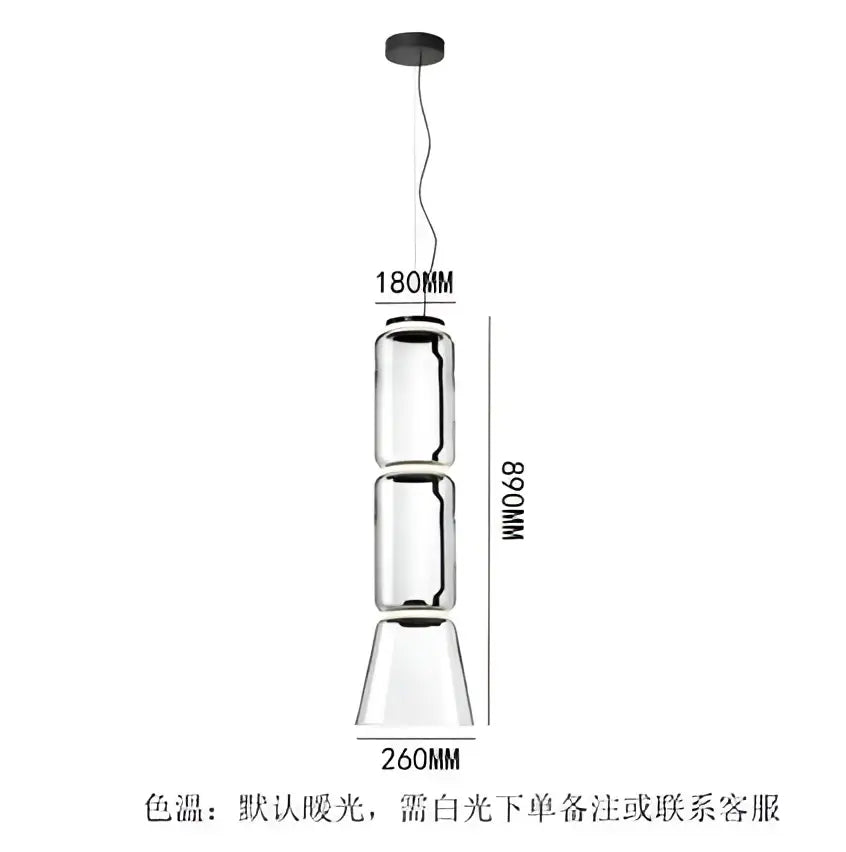 Modern black glass led pendant light with three clear glass segments and metal accents for dining room lighting
