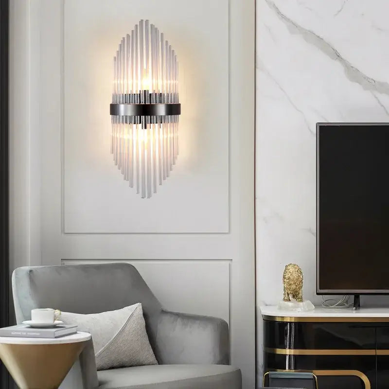 Modern black wall lamp with vertical glass rod crystal design and sleek metal frame for bedroom lighting