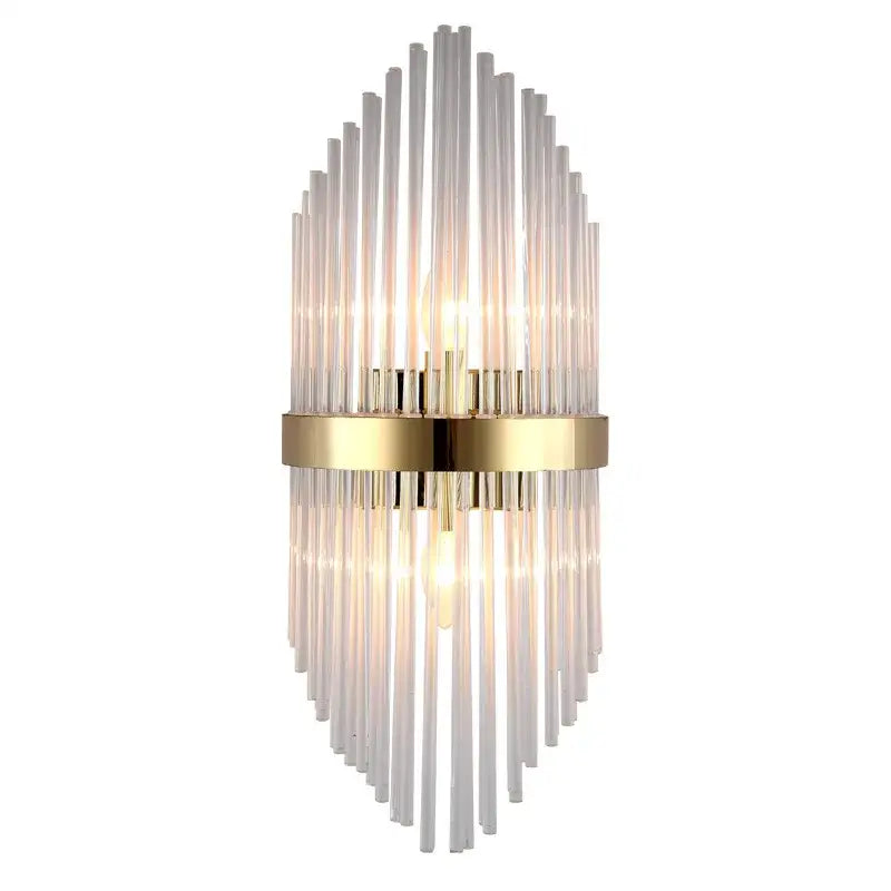 Modern black wall lamp with gold-toned frame and clear glass rod crystal in arched design for bedroom lighting