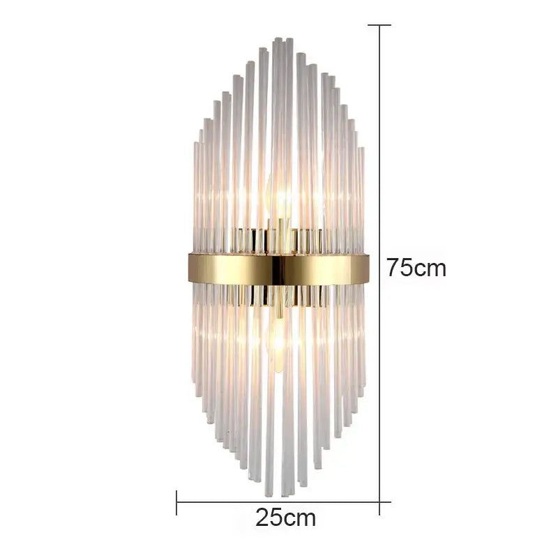 Modern black glass rod crystal wall lamp with gold-toned metal frame and slender clear glass rods for bedroom lighting