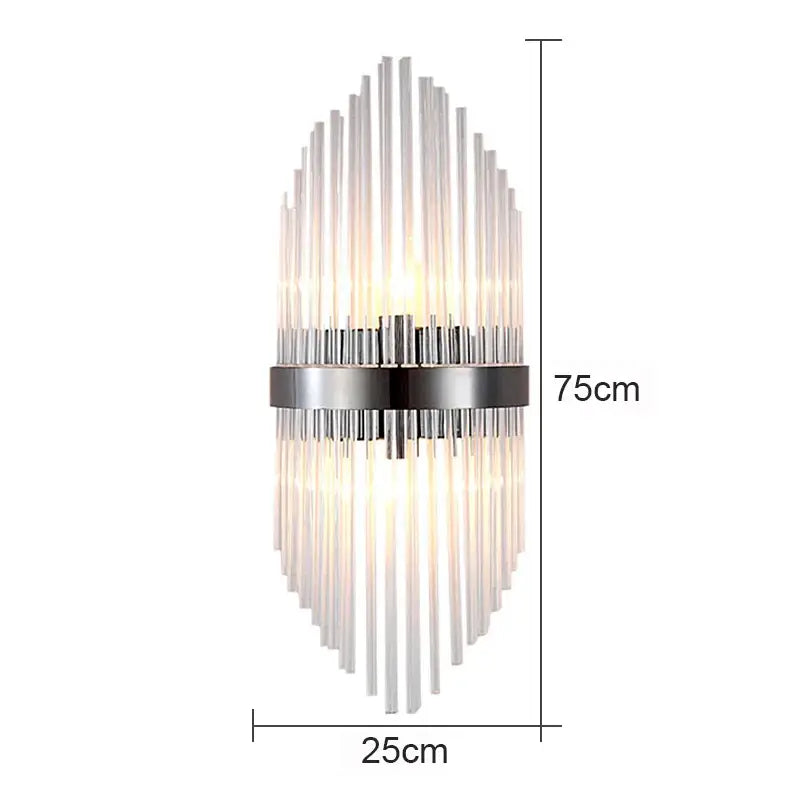 Modern black glass rod crystal wall lamp with sleek chrome frame and clear rods for contemporary bedroom lighting