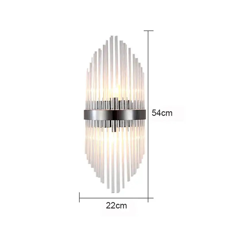 Modern black glass rod crystal wall lamp featuring a sleek chrome frame and clear glass rods measuring 54cm by 22cm