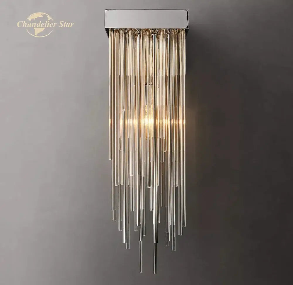 Modern chrome-finished wall lamp with cascading clear glass tubes featuring glass rod led design for living room decor