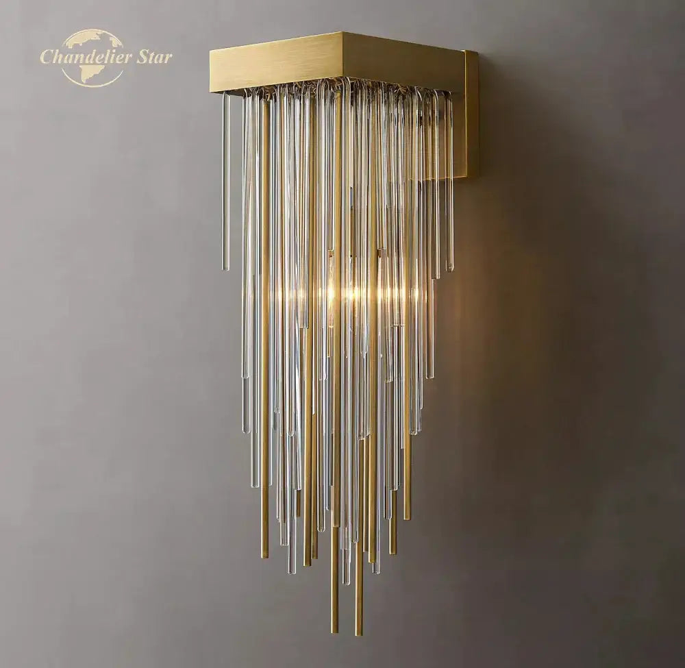 Modern black glass rod led wall lamp with gold-finished square sconce and cascading clear glass tubes for living room