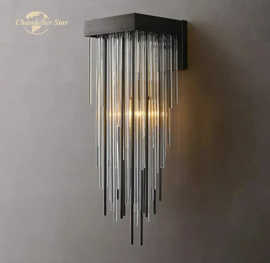 Modern black metal wall lamp with cascading clear glass rods featuring energy-efficient glass rod led lighting for living rooms