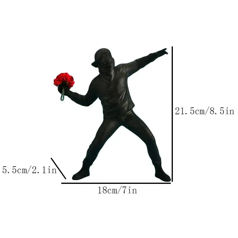 Modern black glossy bansky flower thrower sculpture featuring a full-body figure holding a red rose for office decor