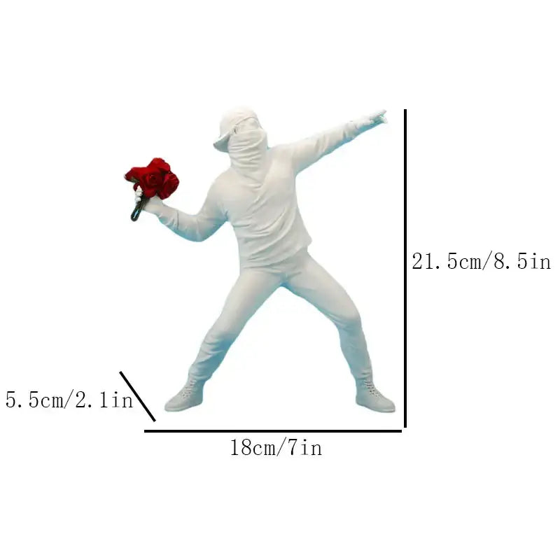 White bansky flower thrower sculpture figurine in full-body suit holding red roses for modern office decor