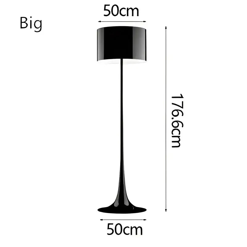 Modern black glossy floor lamp with decorbites design mushroom shape measuring 176.6 cm tall and 50 cm diameter