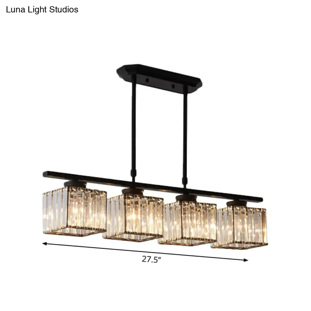Modern black metal chandelier with four rectangular crystal glass shades featuring e26 bulb base for dining room use 110v-120v