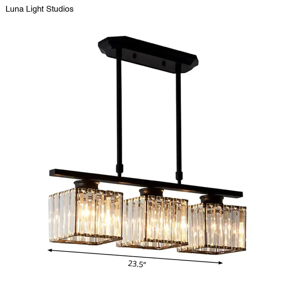 Modern black metal chandelier with three rectangular crystal glass shades and e26 bulb base for 110v-120v or 220v-240v use
