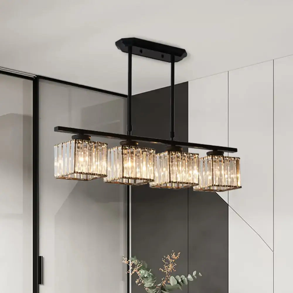 Modern black and gold 3-light crystal chandelier with four rectangular glass shades and e26 bulb base for 110v-120v use
