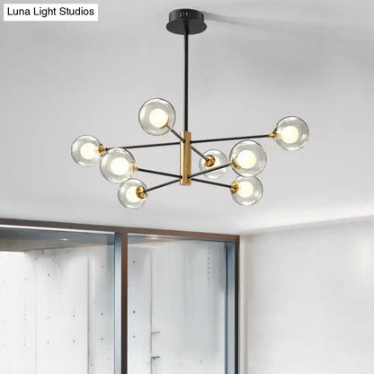 DecorBites™ modern black and gold 8-light pendant chandelier with clear glass globes and brass fixture width detail