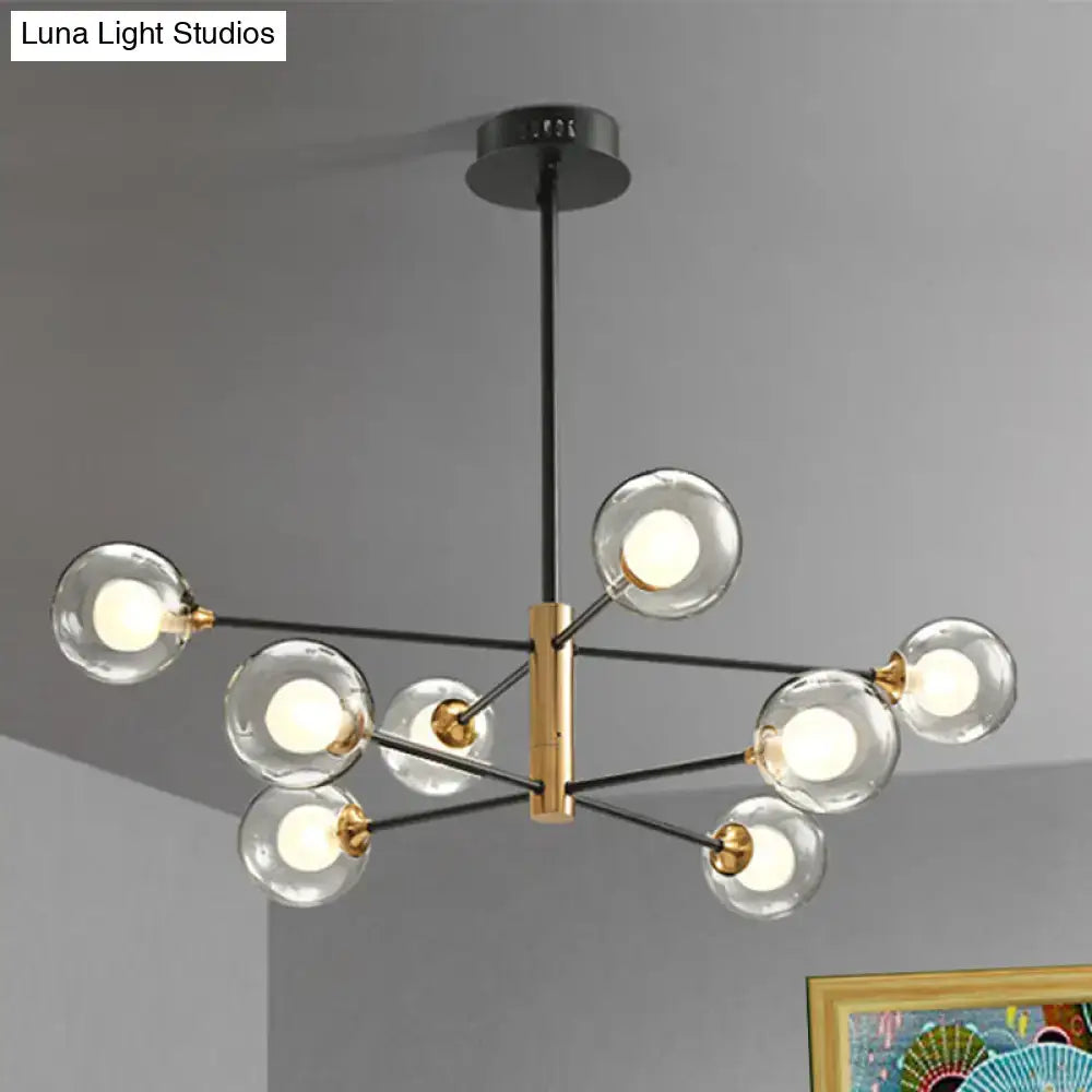 DecorBites™ modern black and gold 8-light pendant chandelier with brass frame black arms and clear glass globe bulbs offers stylish lighting fixture width