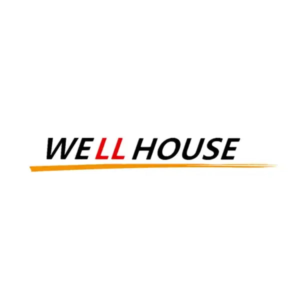 Well house logo with bold black and red lettering and orange underline on modern black and gold abstract lederam manta pendant lamp
