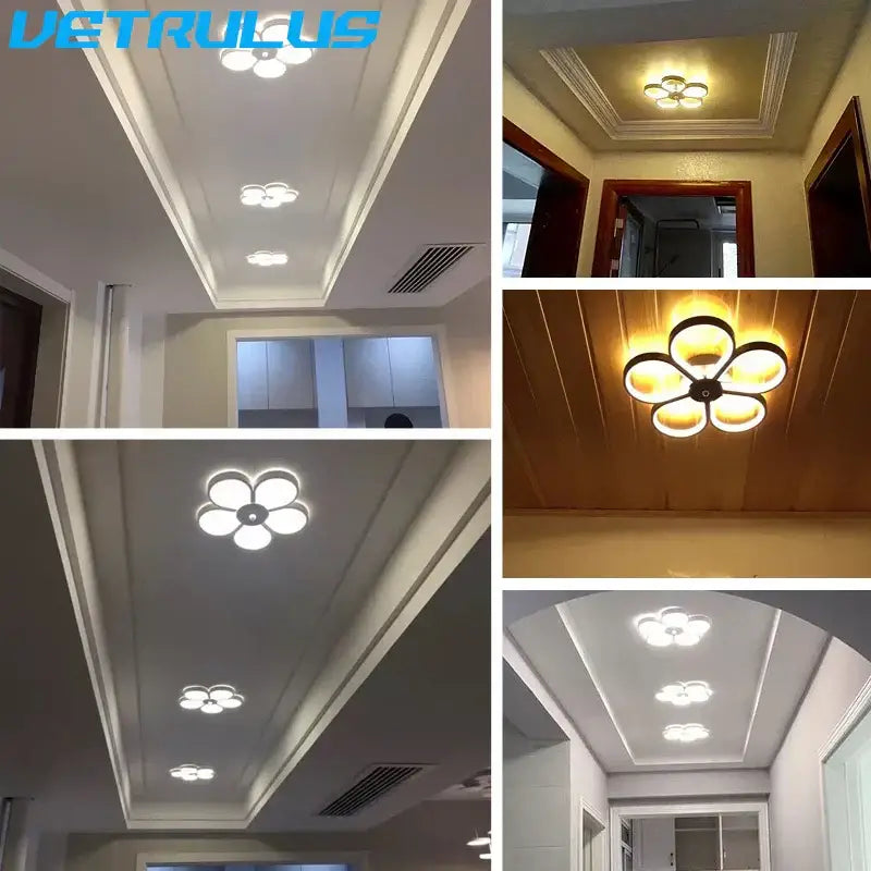 Modern black and gold acrylic flower twisted ceiling lamp with led circular lights in white and warm yellow illumination